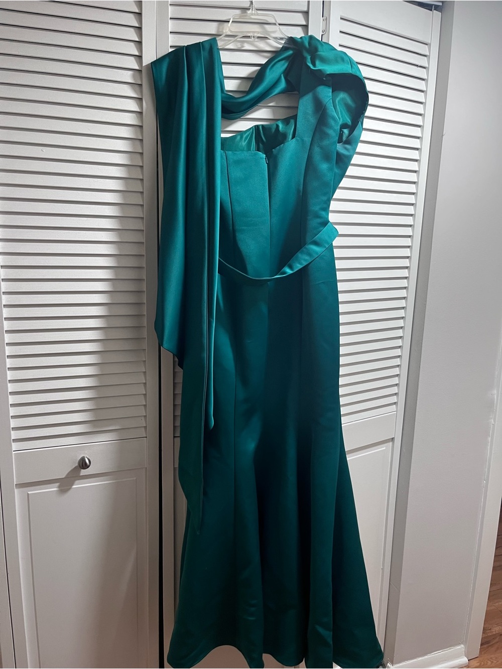 Strapless Teal Satin Prom Gown with Draped Scarf